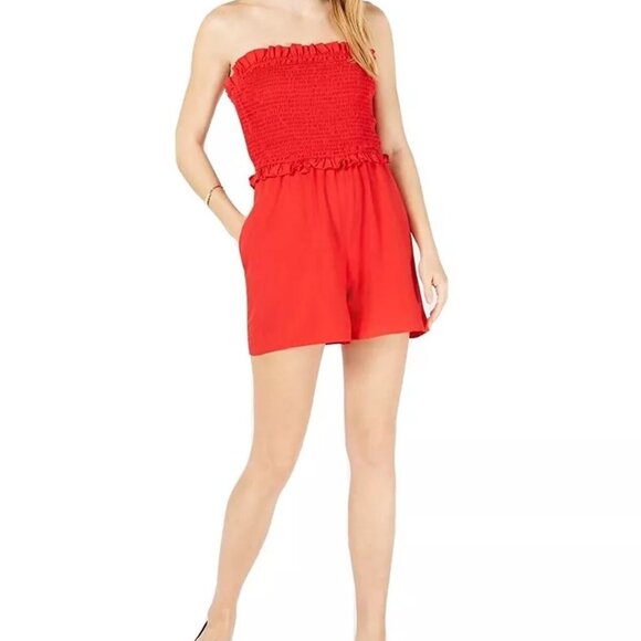 NWT $69 Maison Jules Size L Large Strapless Red Smocked Romper Pockets - Picture 2 of 3
